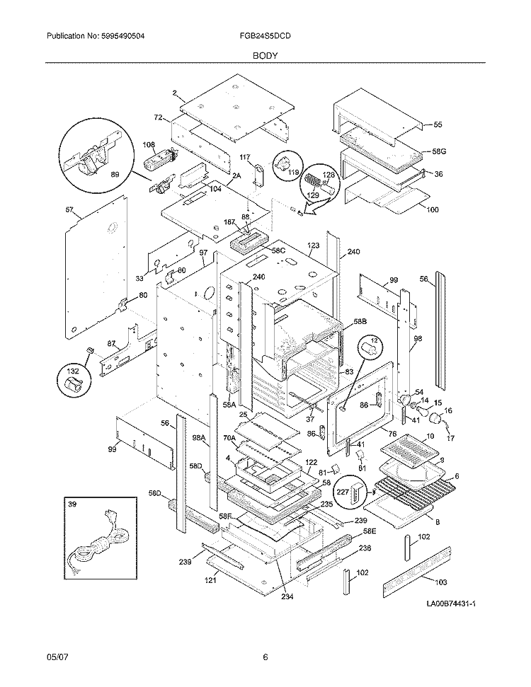 BODY Diagram and Parts List for FGB24S5DCD  Frigidaire Wall Oven