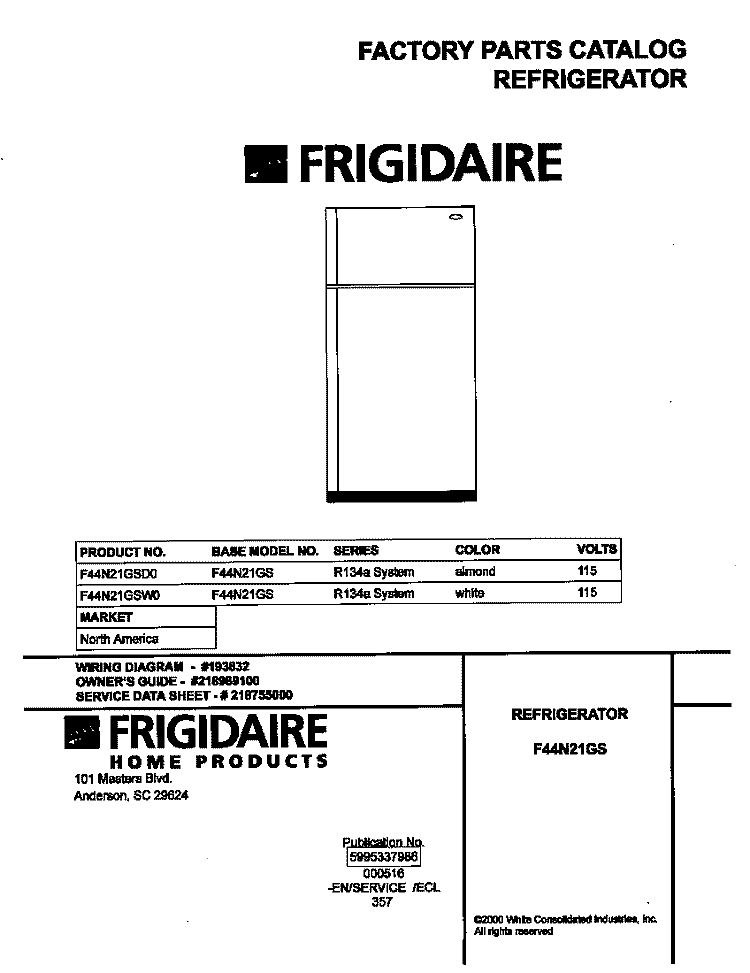 COVER Diagram and Parts List for F44N21GSW0  Frigidaire Refrigerator