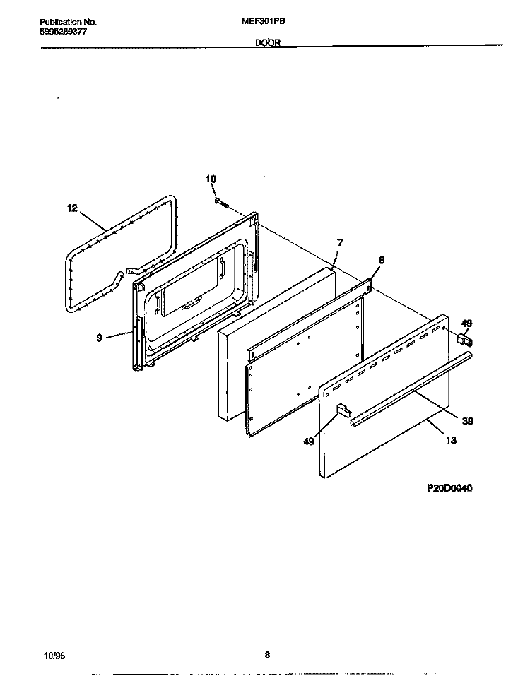 DOOR Diagram and Parts List for MEF301PBDH  Frigidaire Range
