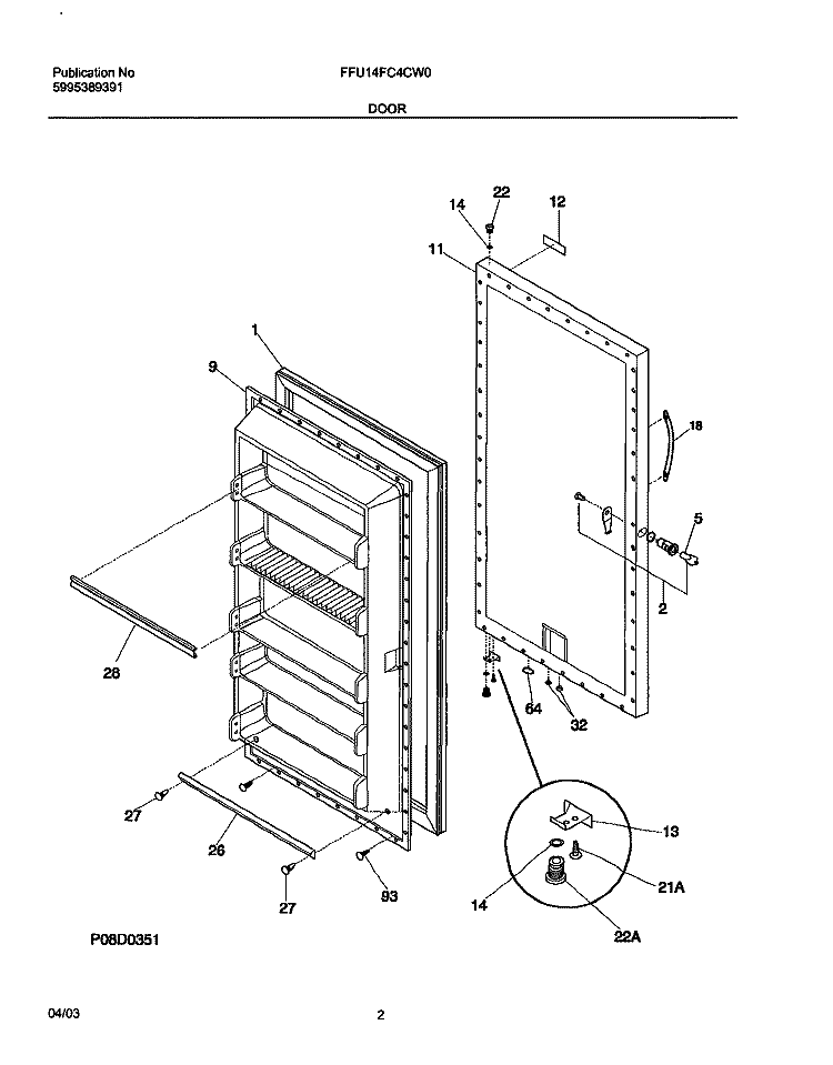 DOOR Diagram and Parts List for FFU14FC4CW0  Frigidaire Freezer