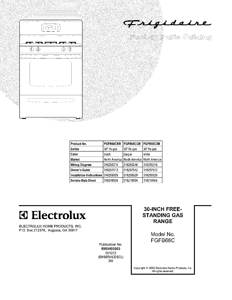 COVER Diagram and Parts List for FGFB68CQB  Frigidaire Range