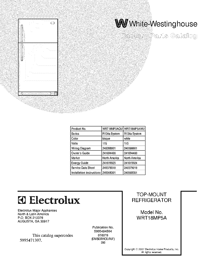 COVER Diagram and Parts List for WRT18MP5AWU  Westinghouse Refrigerator