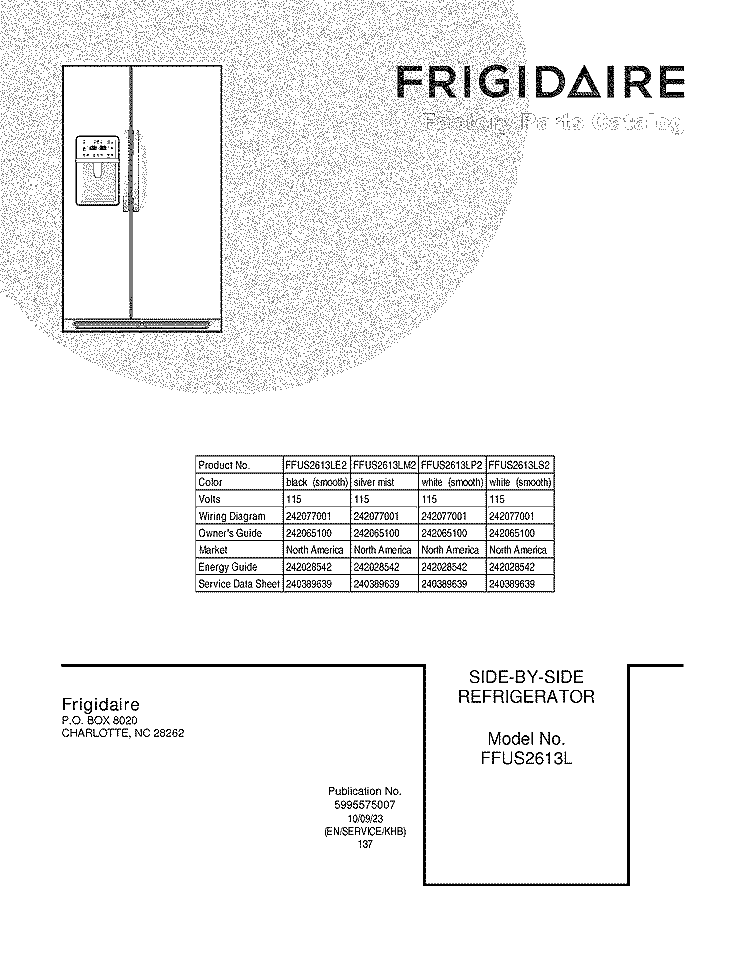 COVER Diagram and Parts List for FFUS2613LE2  Frigidaire Refrigerator