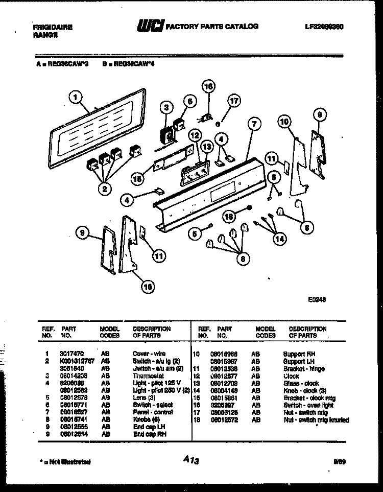 CONTROL PANEL Diagram and Parts List for REG36CAL3  Frigidaire Range