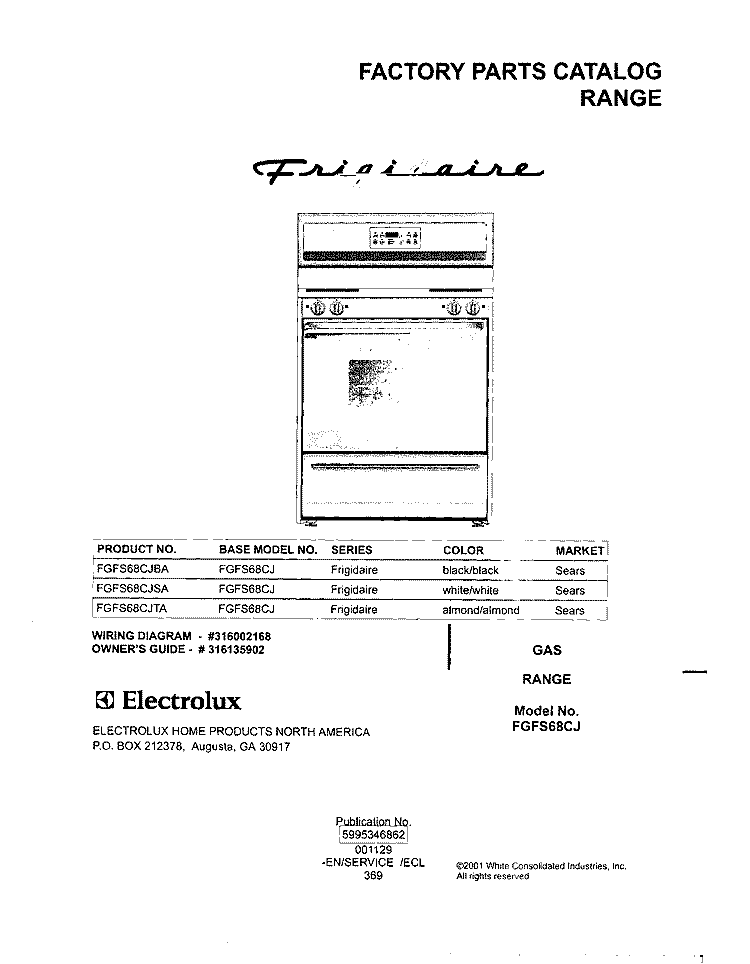 COVER Diagram and Parts List for FGFS68CJBA  Frigidaire Range
