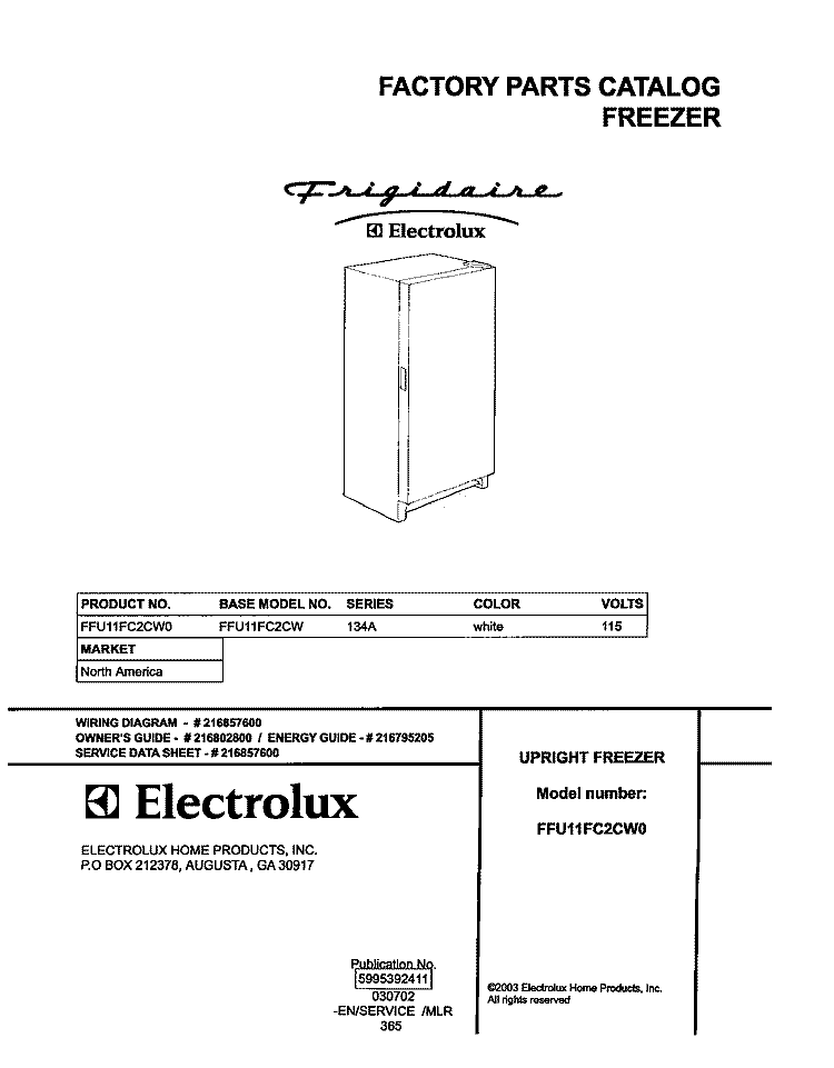 COVER Diagram and Parts List for FFU11FC2CW0  Frigidaire Freezer