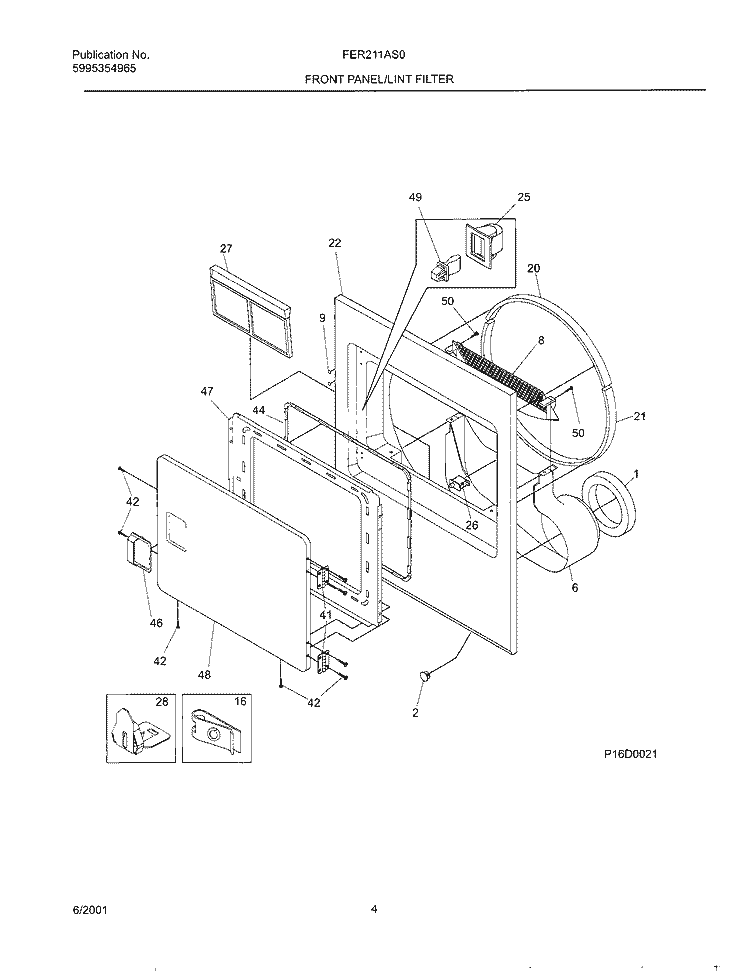 FRNT PNL, DOOR Diagram and Parts List for FER211AS0  Frigidaire Dryer