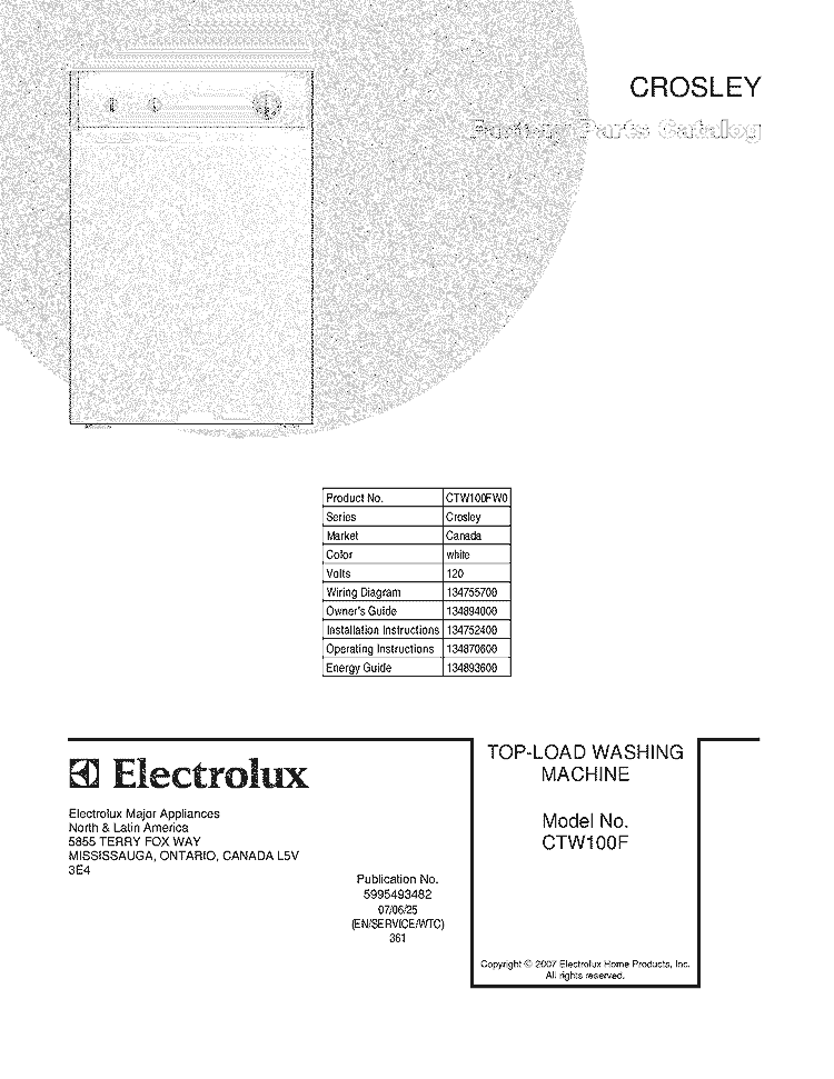 COVER Diagram and Parts List for CTW100FW0  Crosley Washer