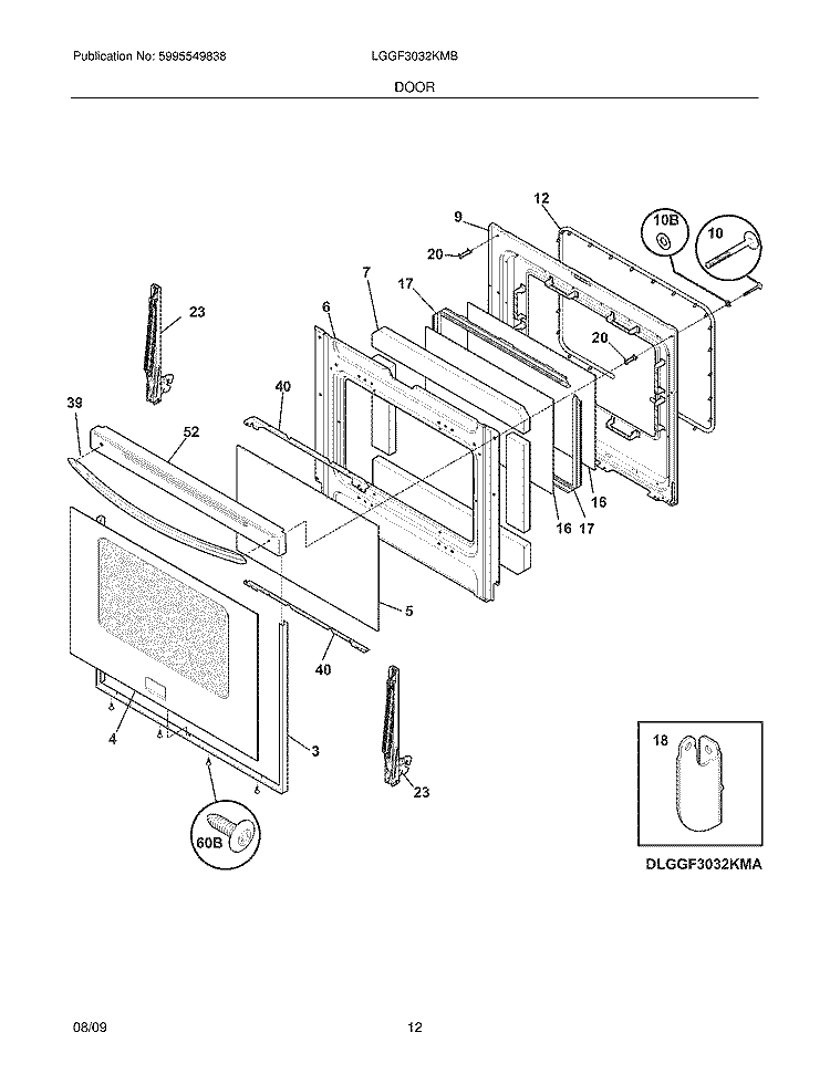 DOOR Diagram and Parts List for LGGF3032KMB  Frigidaire Range