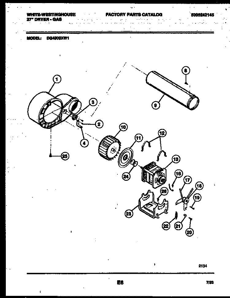 BLOWER AND DRIVE PARTS Diagram and Parts List for DG400SXW1  Frigidaire Dryer