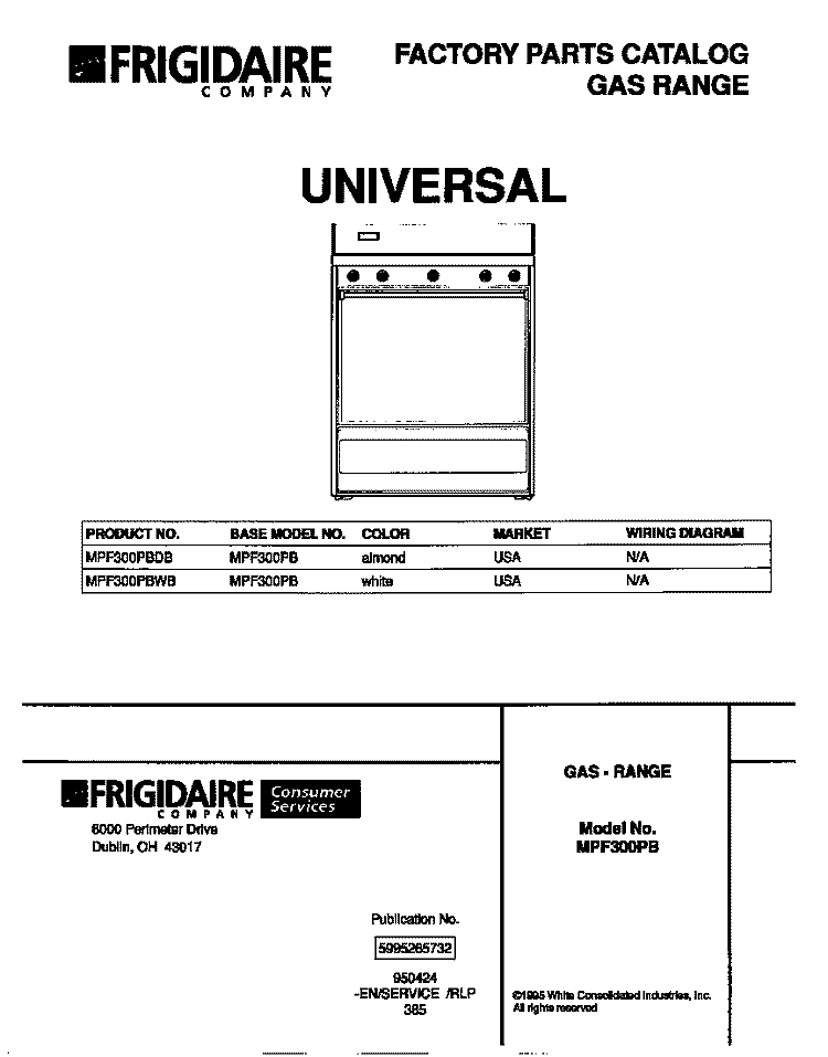 COVER Diagram and Parts List for MPF300PBDB  Frigidaire Range