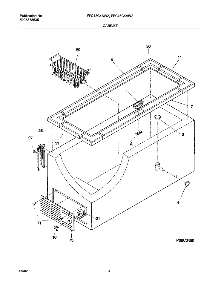 CABINET Diagram and Parts List for FFC13C4AW2  Frigidaire Freezer