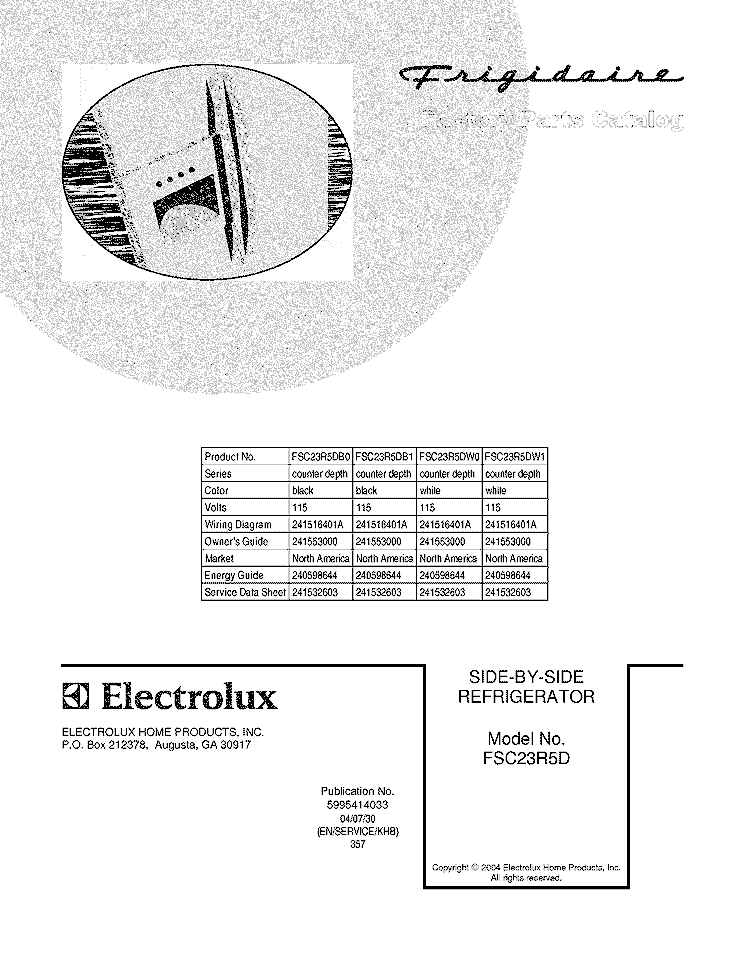 COVER Diagram and Parts List for FSC23R5DB0  Frigidaire Refrigerator