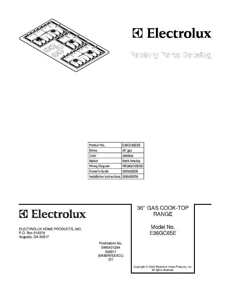 COVER Diagram and Parts List for E36GC65ESS  Electrolux Cooktop