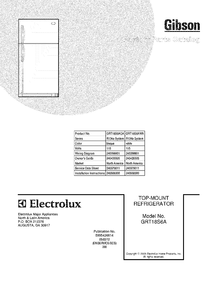 COVER Diagram and Parts List for GRT18S6AWA  Gibson Refrigerator