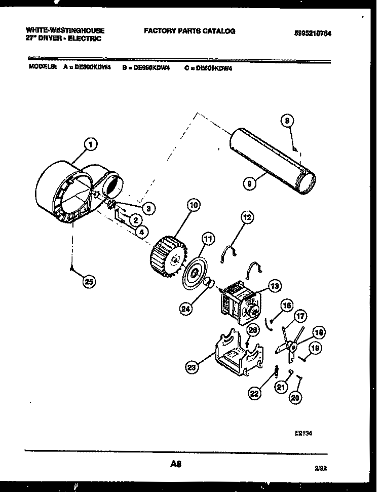BLOWER AND DRIVE PARTS Diagram and Parts List for DE650KDW4  Frigidaire Dryer