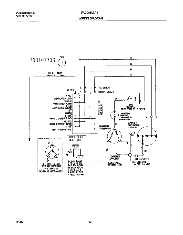 WIRING DIAGRAM Diagram and Parts List for FAC088L7A1  Frigidaire Air Conditioner
