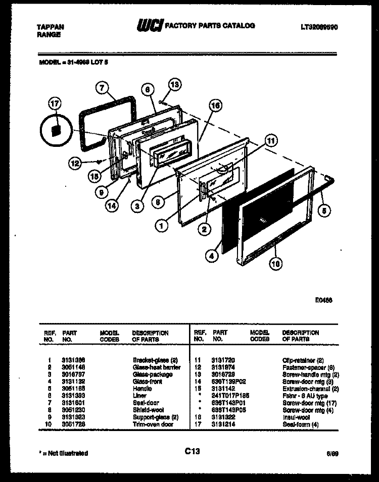 DOOR PARTS Diagram and Parts List for 31-4968-66-05  Tappan Range