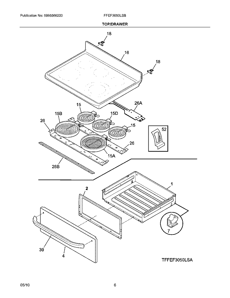 TOP/DRAWER Diagram and Parts List for FFEF3050LSB  Frigidaire Range