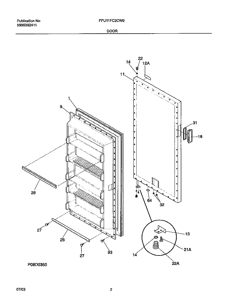 DOOR Diagram and Parts List for FFU11FC2CW0  Frigidaire Freezer
