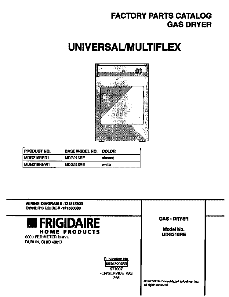COVER Diagram and Parts List for MDG216REW1  Frigidaire Dryer