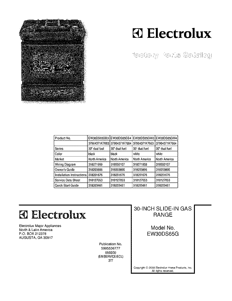COVER Diagram and Parts List for EW30DS65GW4  Electrolux Range
