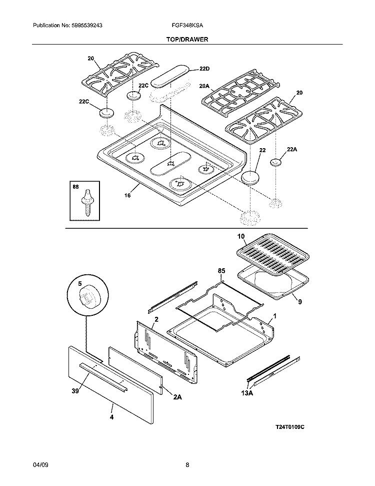 TOP/DRAWER Diagram and Parts List for FGF348KSA  Frigidaire Range
