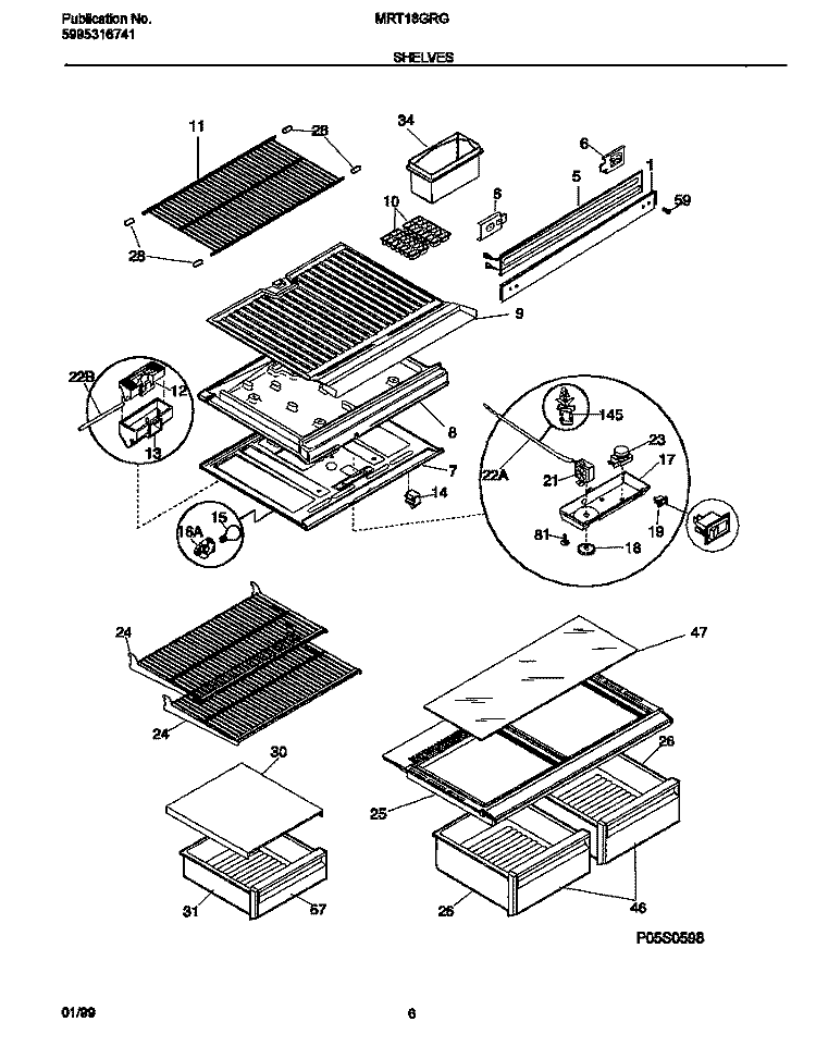 SHELVES Diagram and Parts List for MRT18GRGW1  Frigidaire Refrigerator