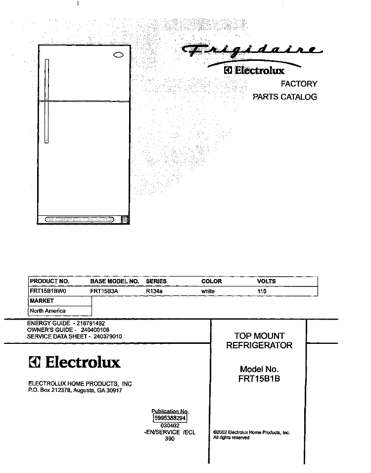 COVER Diagram and Parts List for FRT15B1BW0  Frigidaire Refrigerator