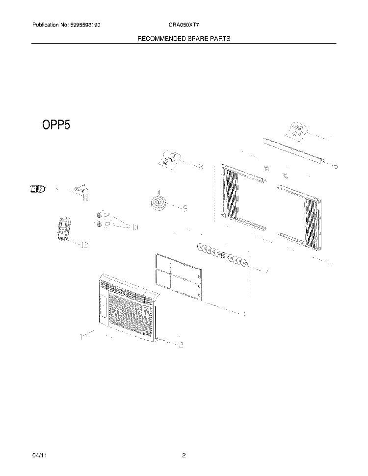 RECOMMENDED SPARE PARTS Diagram and Parts List for CRA050XT716  Frigidaire Air Conditioner