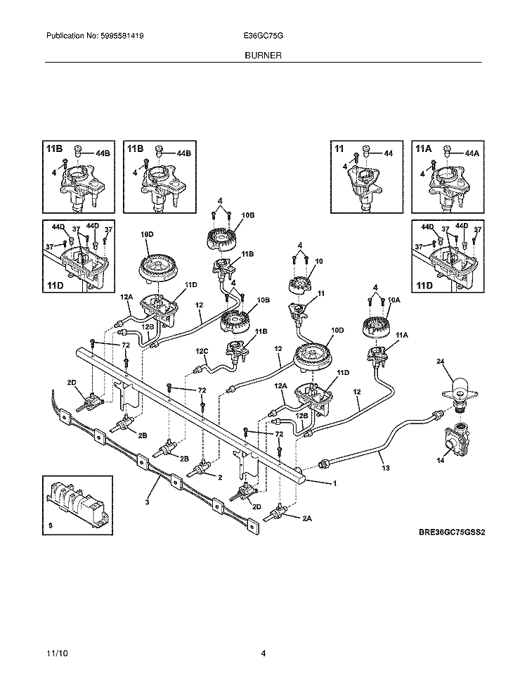 BURNER Diagram and Parts List for E36GC75GSS3  Electrolux Cooktop