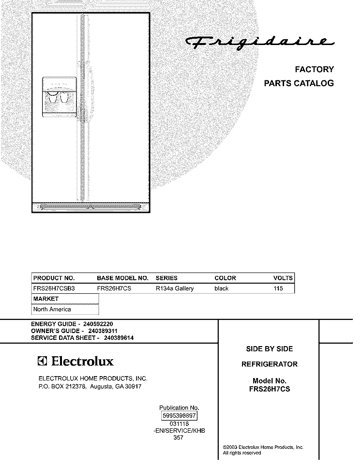 COVER Diagram and Parts List for FRS26H7CSB3  Frigidaire Refrigerator
