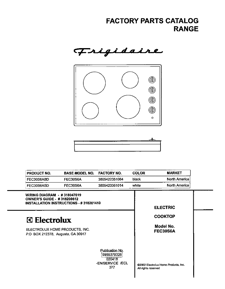 COVER Diagram and Parts List for FEC30S6ASD  Frigidaire Cooktop