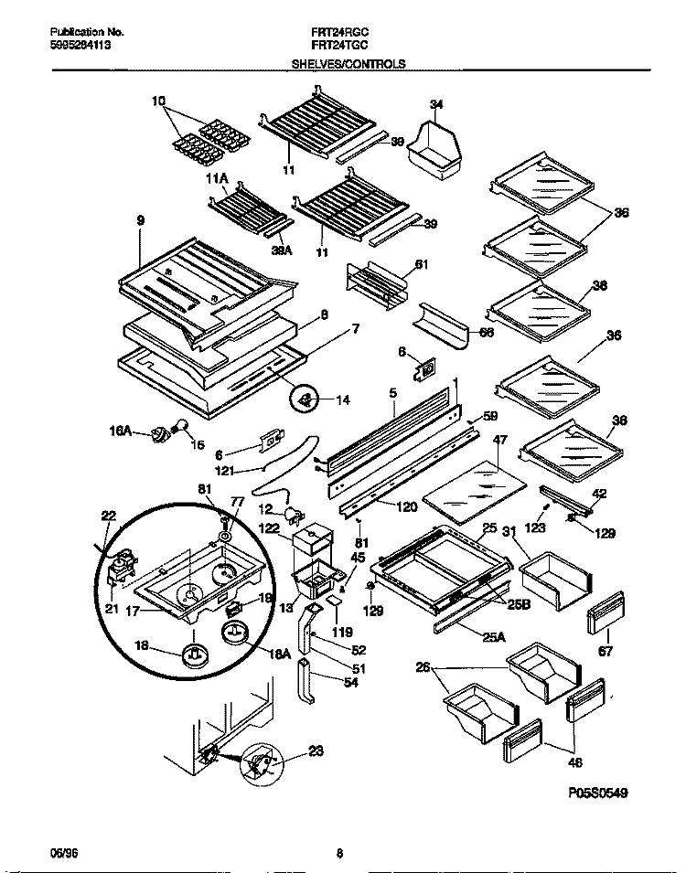 SHELVES / CONTROLS Diagram and Parts List for FRT24RGCD2  Frigidaire Refrigerator