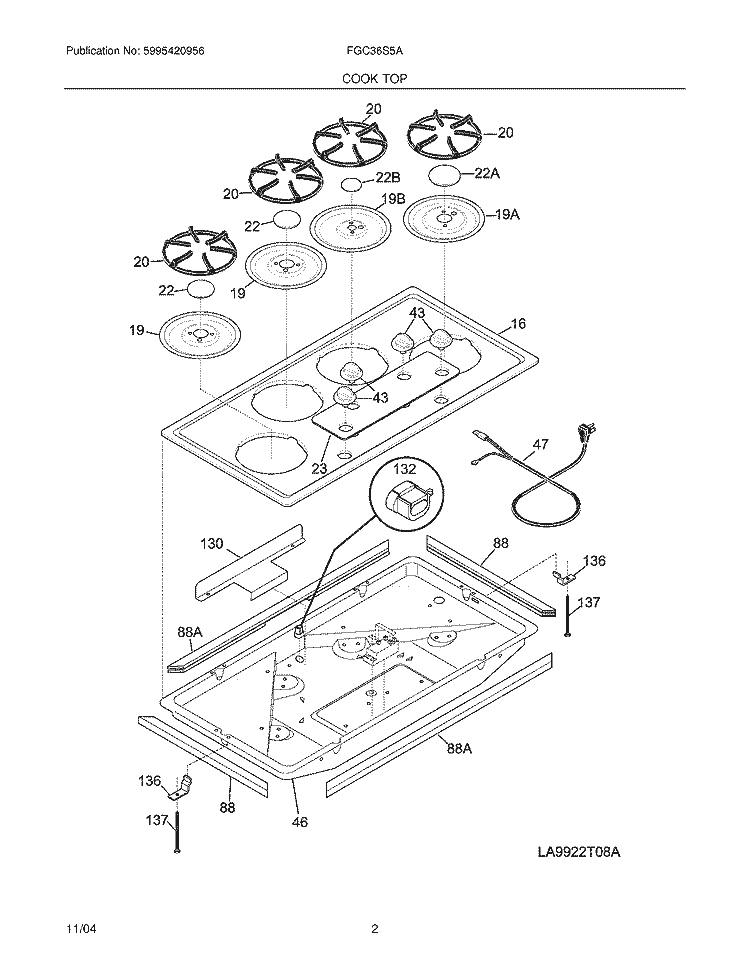 MAINTOP Diagram and Parts List for FGC36S5AWC  Frigidaire Cooktop