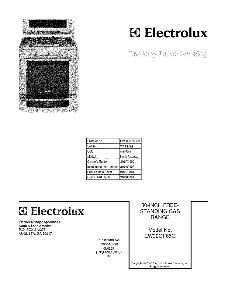 COVER Diagram and Parts List for EW30GF65GSA  Electrolux Range