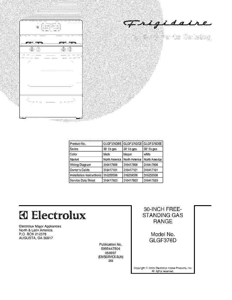 COVER Diagram and Parts List for GLGF376DBE  Frigidaire Range