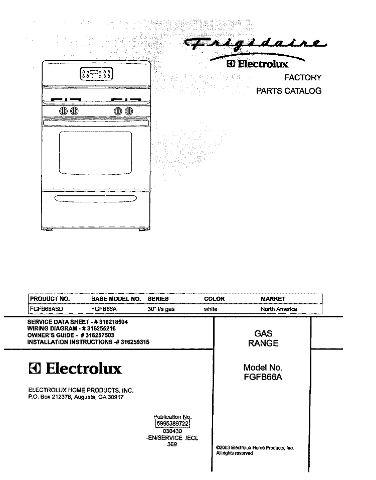 COVER Diagram and Parts List for FGFB66ASD  Frigidaire Range