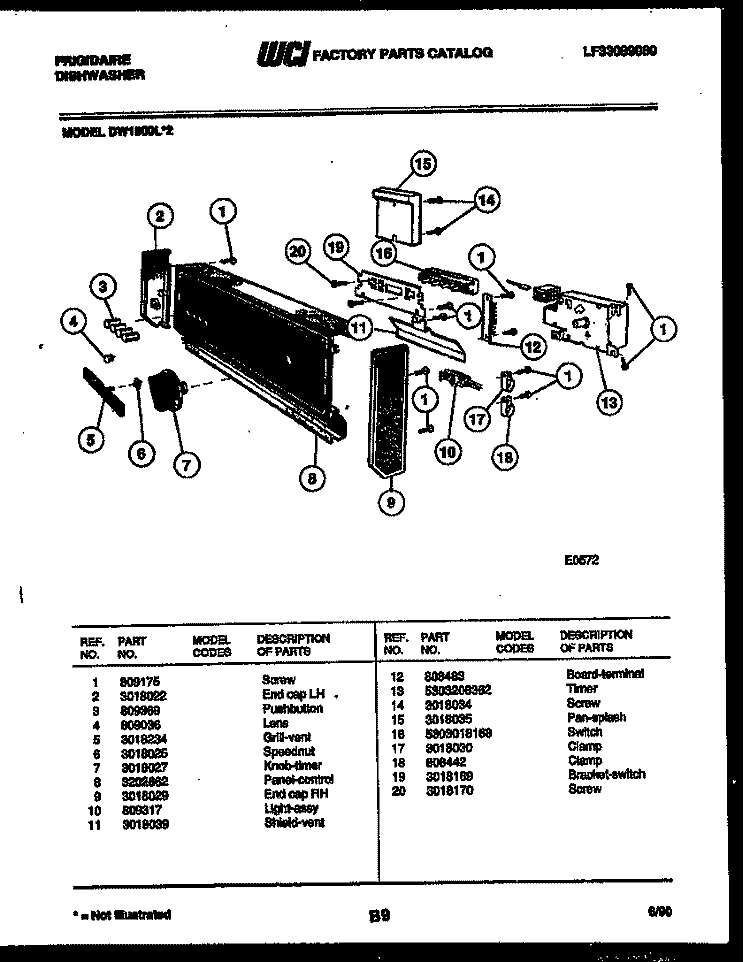 CONSOLE AND CONTROL PARTS Diagram and Parts List for DW1800LA2  Frigidaire Dishwasher