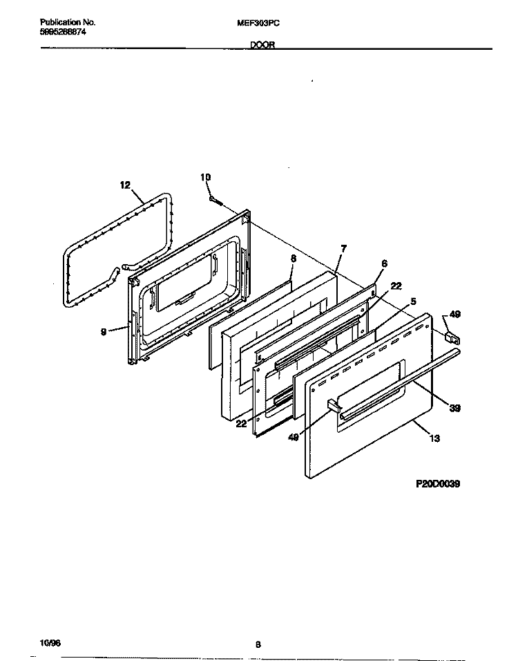 DOOR Diagram and Parts List for MEF303PCWG  Frigidaire Range