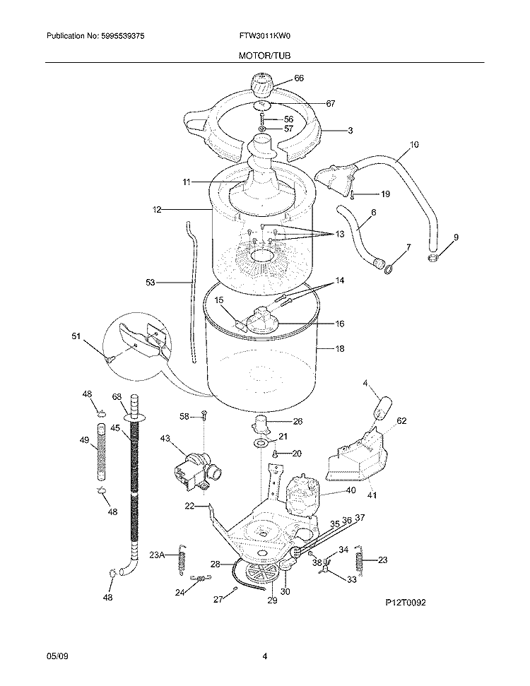 MOTOR/TUB Diagram and Parts List for FTW3011KW0  Frigidaire Washer