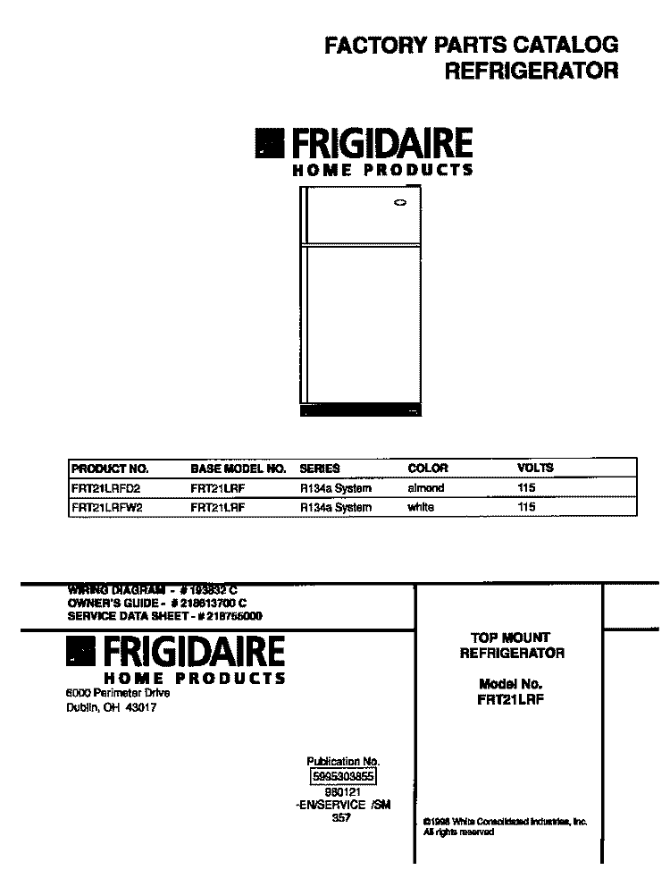 COVER Diagram and Parts List for FRT21LRFD2  Frigidaire Refrigerator