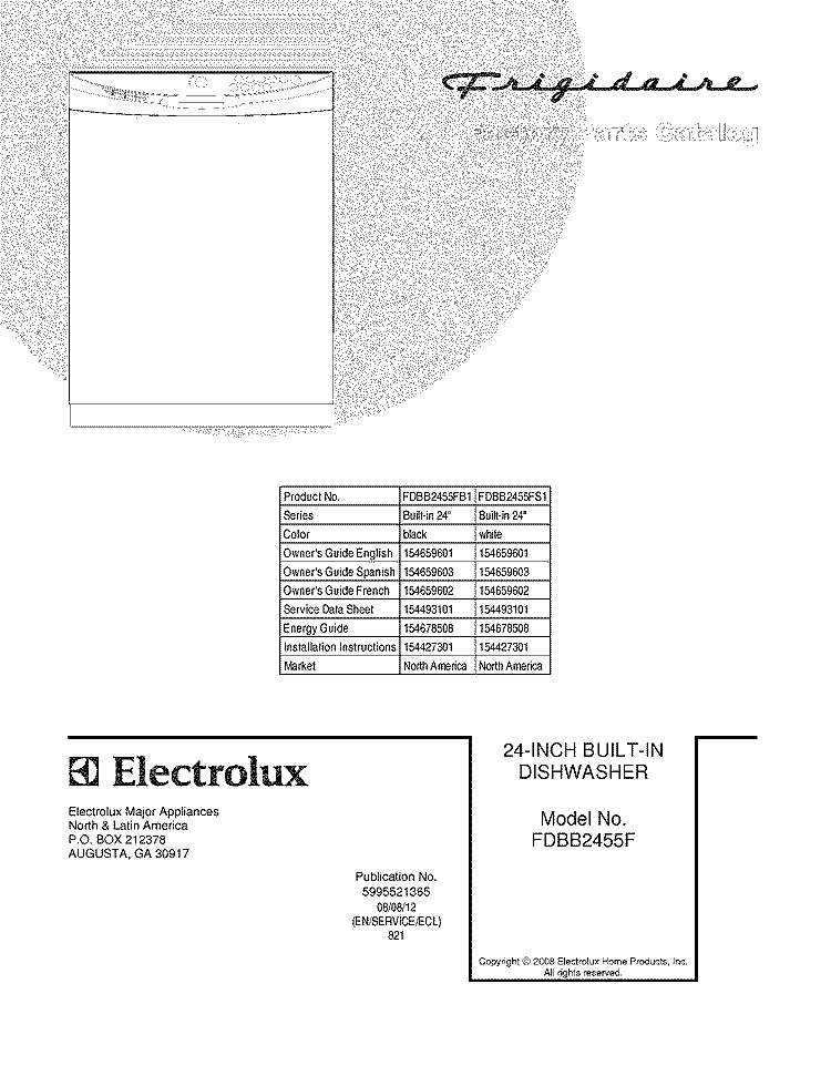 COVER Diagram and Parts List for FDBB2455FS1  Frigidaire Dishwasher