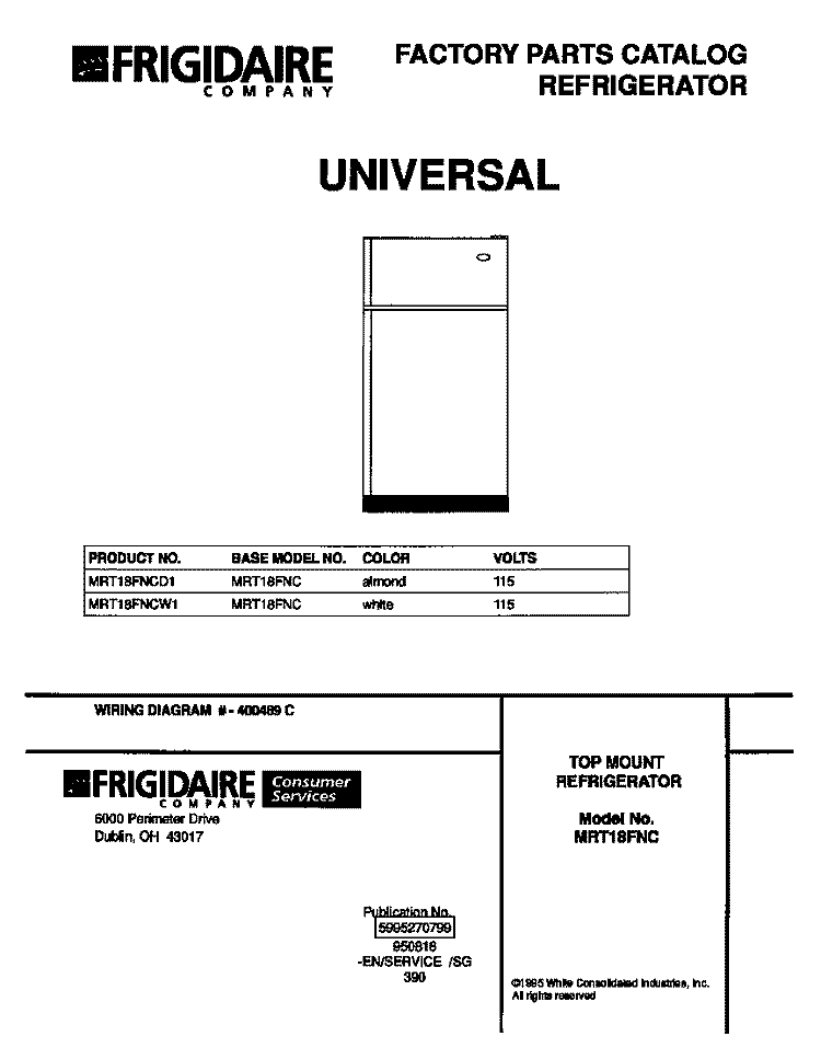 COVER Diagram and Parts List for MRT18FNCD1  Frigidaire Refrigerator