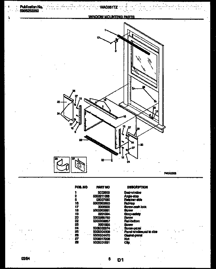 WINDOW MOUNTING PARTS Diagram and Parts List for WAC051T7Z1  Frigidaire Air Conditioner