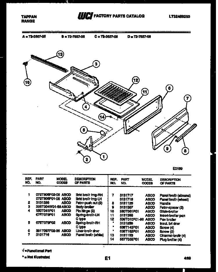 BROILER DRAWER PARTS Diagram and Parts List for 72-3657-00-06  Tappan Range