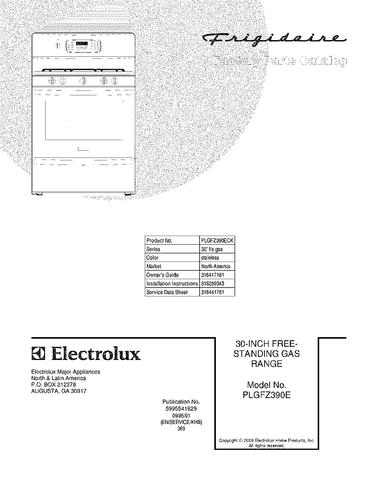 COVER Diagram and Parts List for PLGFZ390ECK  Frigidaire Range