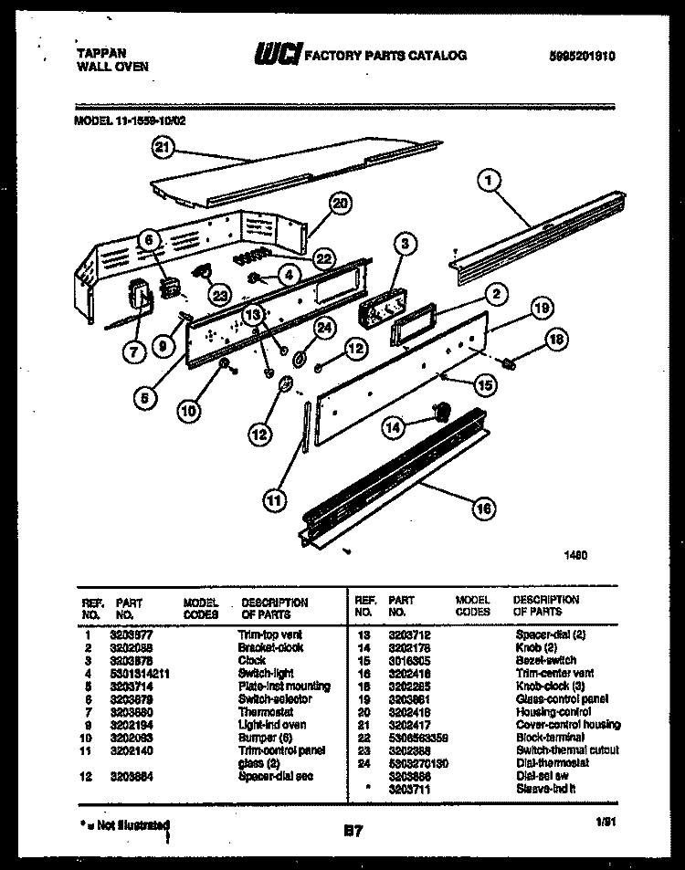 CONTROL PANEL Diagram and Parts List for 11-1559-00-02  Tappan Wall Oven