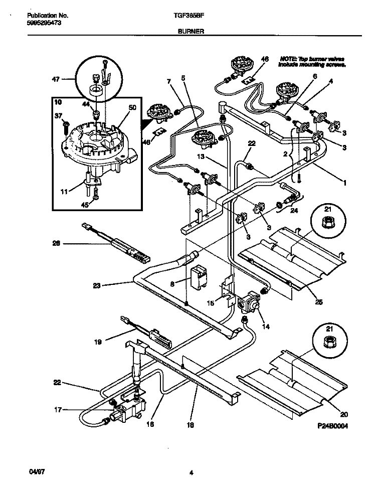 BURNER Diagram and Parts List for TGF365BFDA  Tappan Range