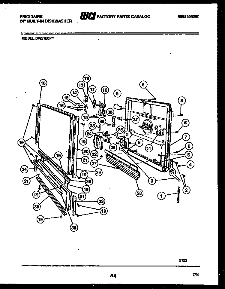 DOOR PARTS Diagram and Parts List for DW5700PW1  Frigidaire Dishwasher